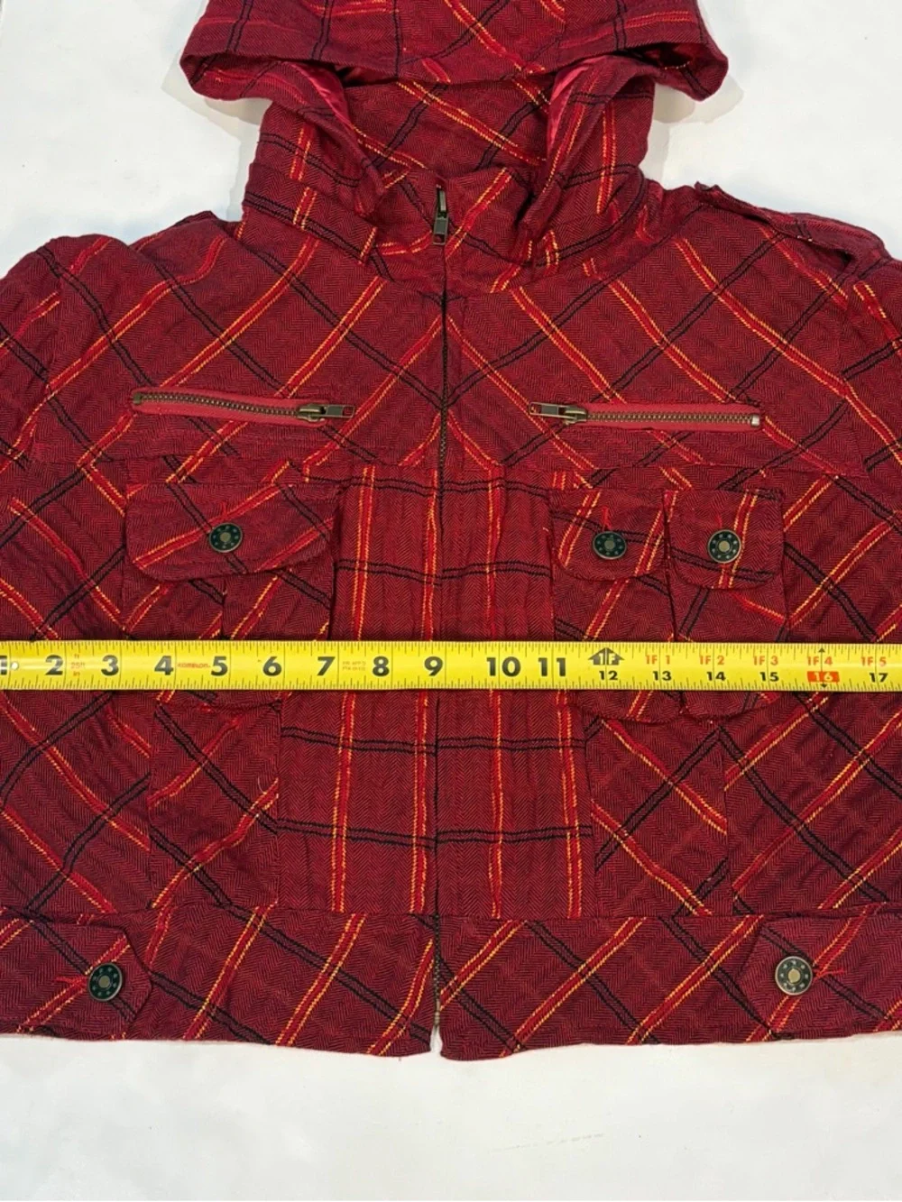 Feline Red Gold Plaid Cropped Full Zip Jacket Detachable Hood Junior Size Large - Picture 15 of 16
